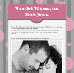 Easily copy, edit and publish a birth announcement page in less than 5 minutes